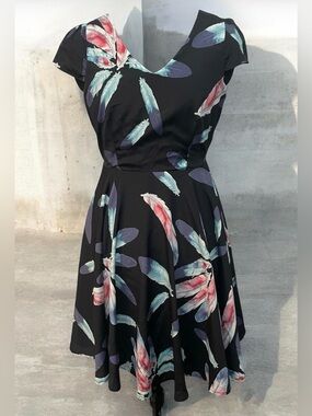 ModCloth Black Fit-and-Flare Feather Print Dress